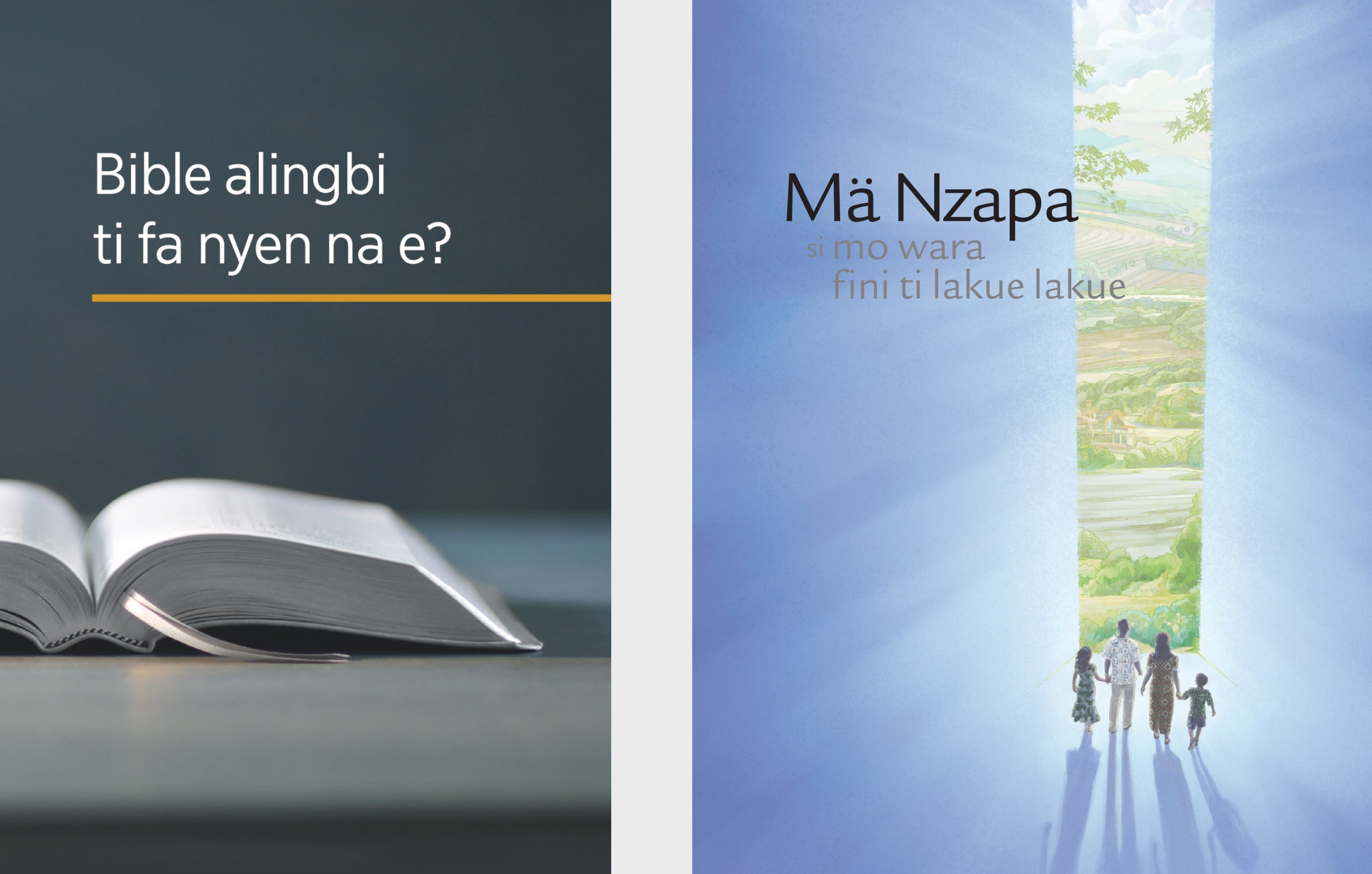 labelBuku ʼBible alingbi ti fa nyen na e?ʼ nga na brochure ʼMä Nzapa si mo wara fini ti lakue lakue.’