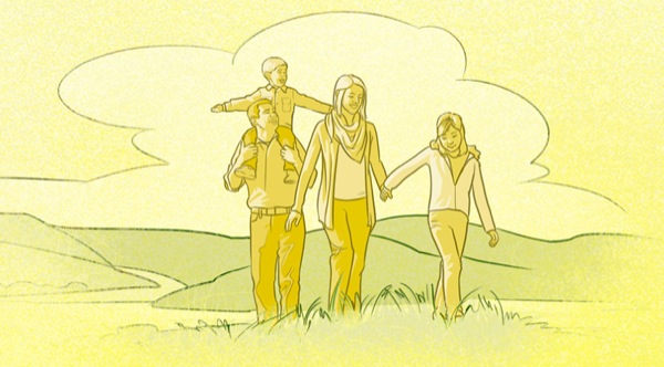 Uma família feliz caminhando ao ar livre