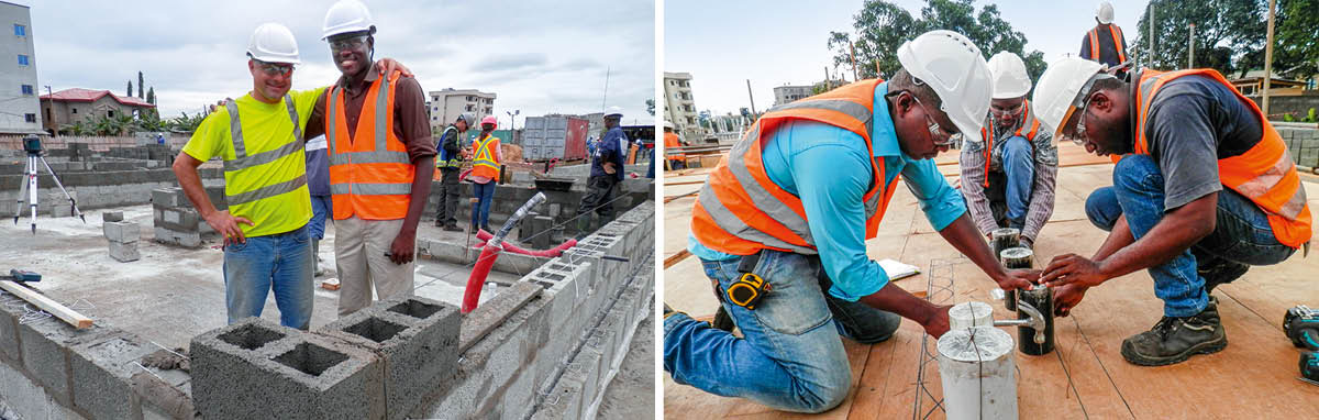 Conjunto de imagens: 1. Irmãos param para uma foto enquanto estavam assentando blocos de cimento. 2. Três irmãos fazendo os preparativos para uma concretagem.
