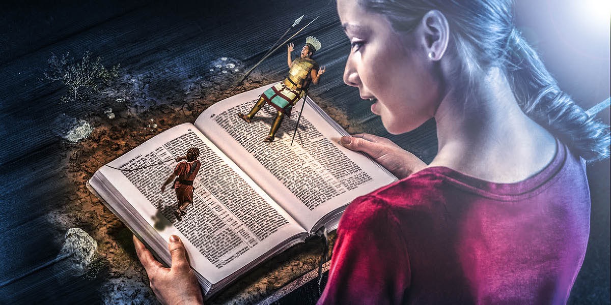 Uma adolescente lê e imagina a história de Davi e Golias