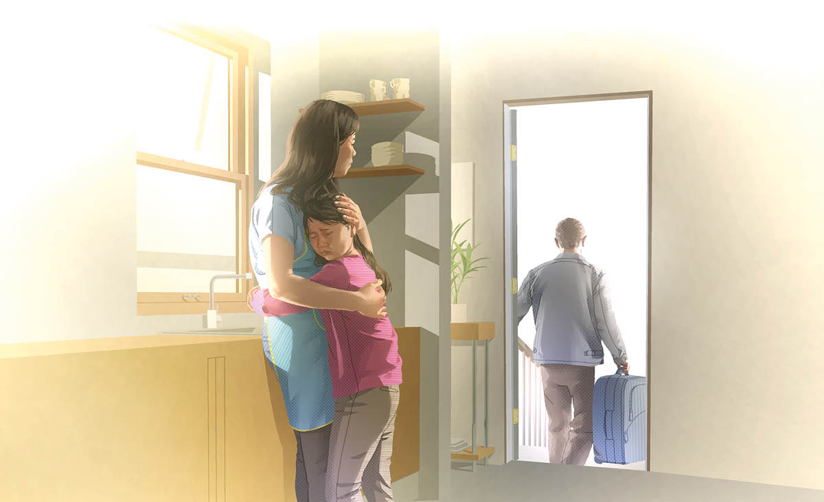 Uma esposa abalada observa o marido indo embora de casa. Triste, a filha deles abraça a mãe.