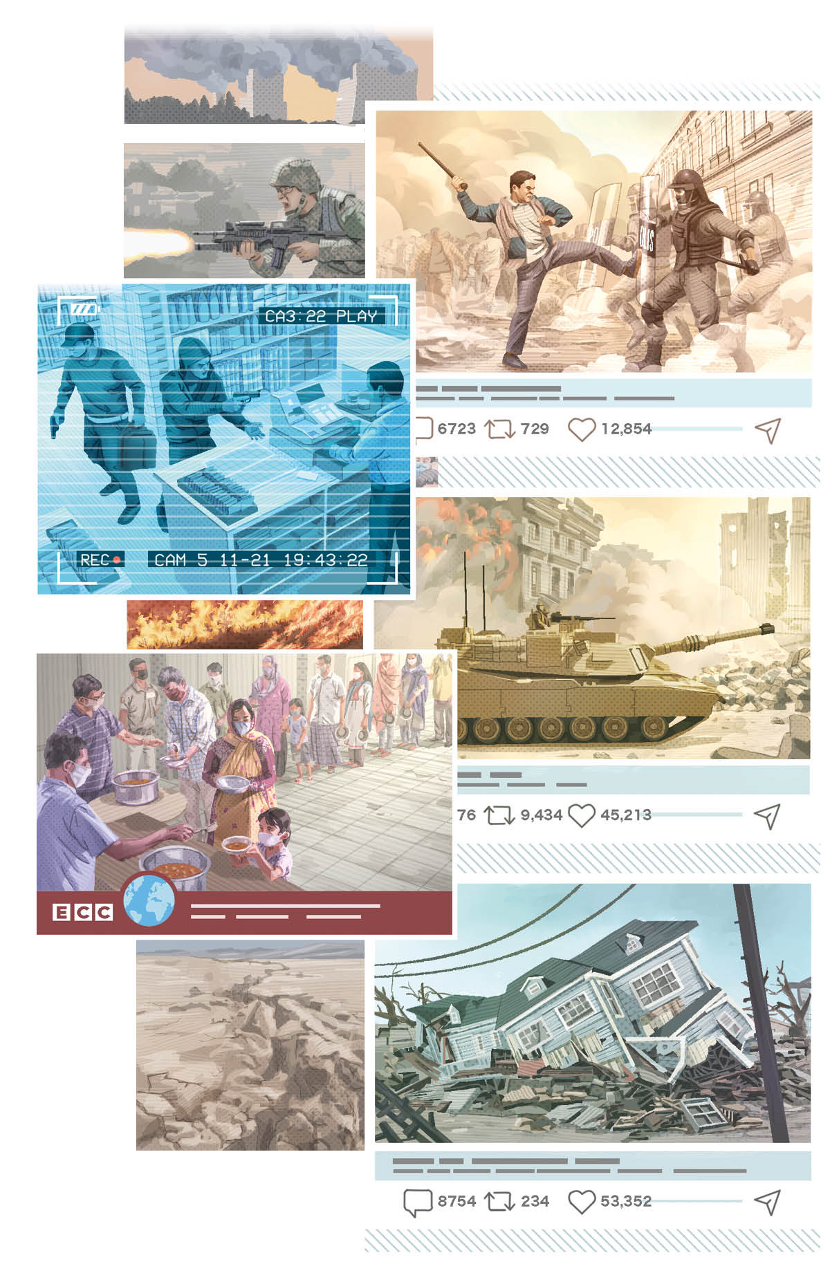 Conjunto de imagens: Cenas de como a Bíblia disse que seria o mundo ‘nos últimos dias’. 1. Prédios pegando fogo. 2. Um soldado atirando com uma metralhadora. 3. Pessoas lutam contra policiais da tropa de choque. 4. Dois homens roubam uma loja. 5. Um tanque de guerra invade uma cidade. 6. Pessoas usando máscaras e com fome numa fila para receber comida. 7. Vários quilômetros de terra seca rachada. 8. Uma casa destruída depois de um terremoto.