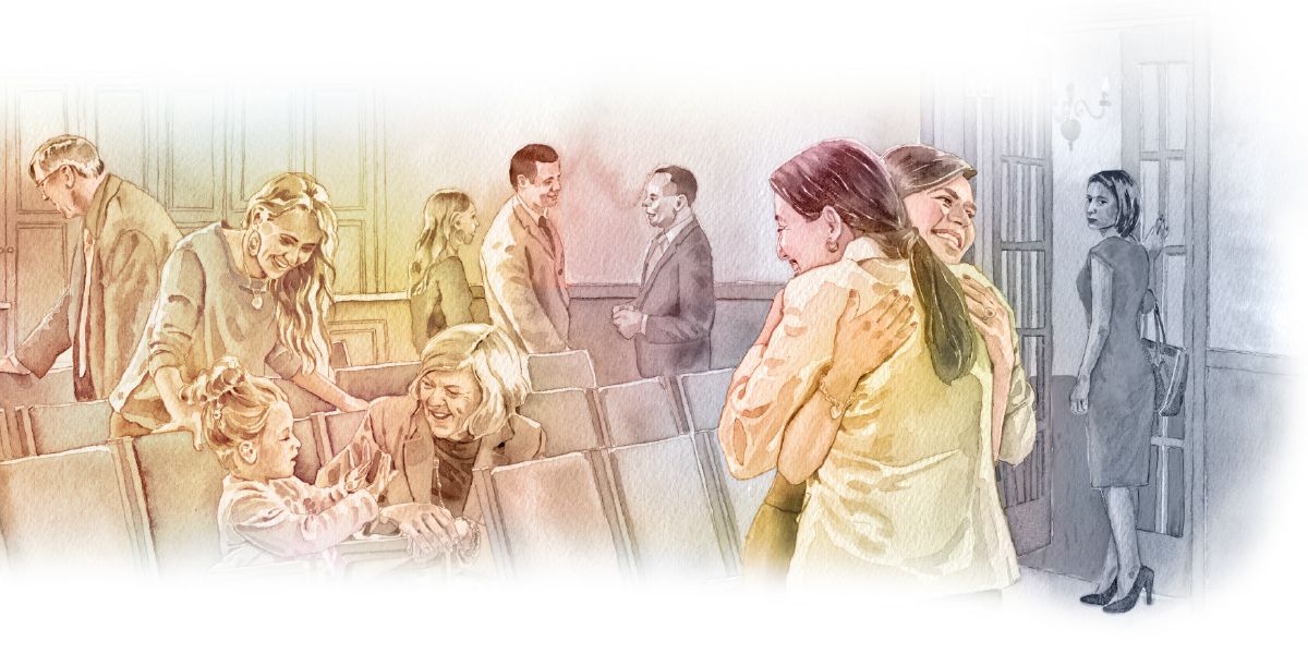 Uma mulher desassociada saindo do salão depois da reunião e observando os irmãos se cumprimentando