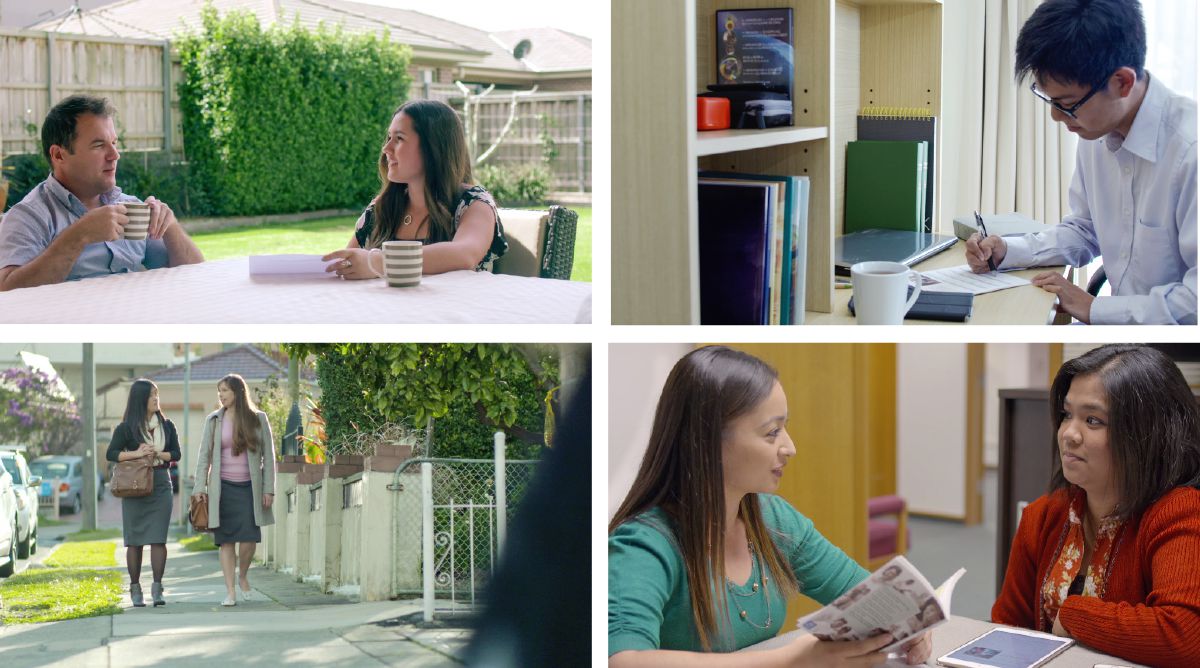 Uma jovem conversando com seu pai sobre o serviço de pioneiro; um jovem fazendo sua programação para o serviço de pioneiro; uma jovem trabalhando na pregação com outra irmã; uma jovem pioneira dirigindo um estudo bíblico