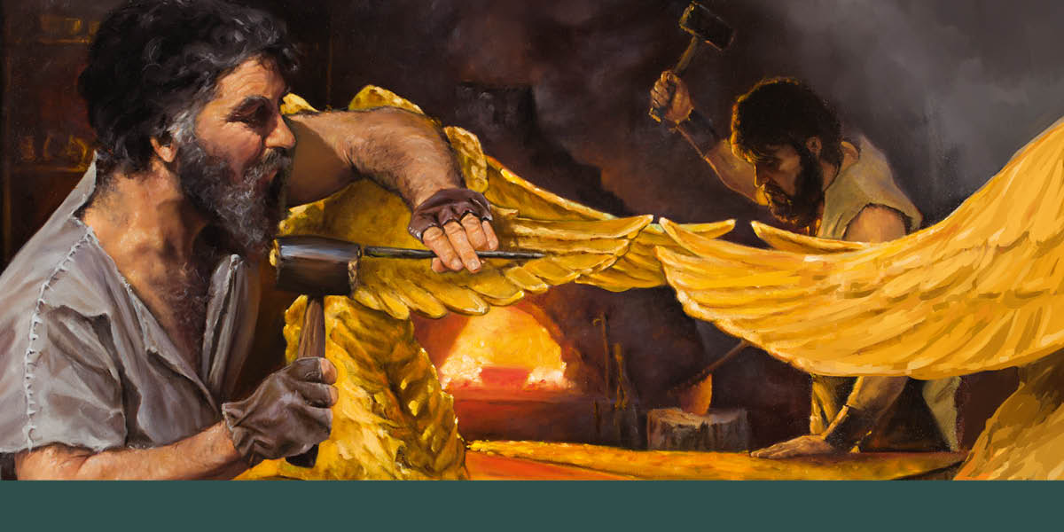 Bezalel e Ooliabe fabricando itens de ouro para o tabernáculo. Um deles está esculpindo os detalhes da asa de um querubim enquanto o outro martela uma chapa de ouro.