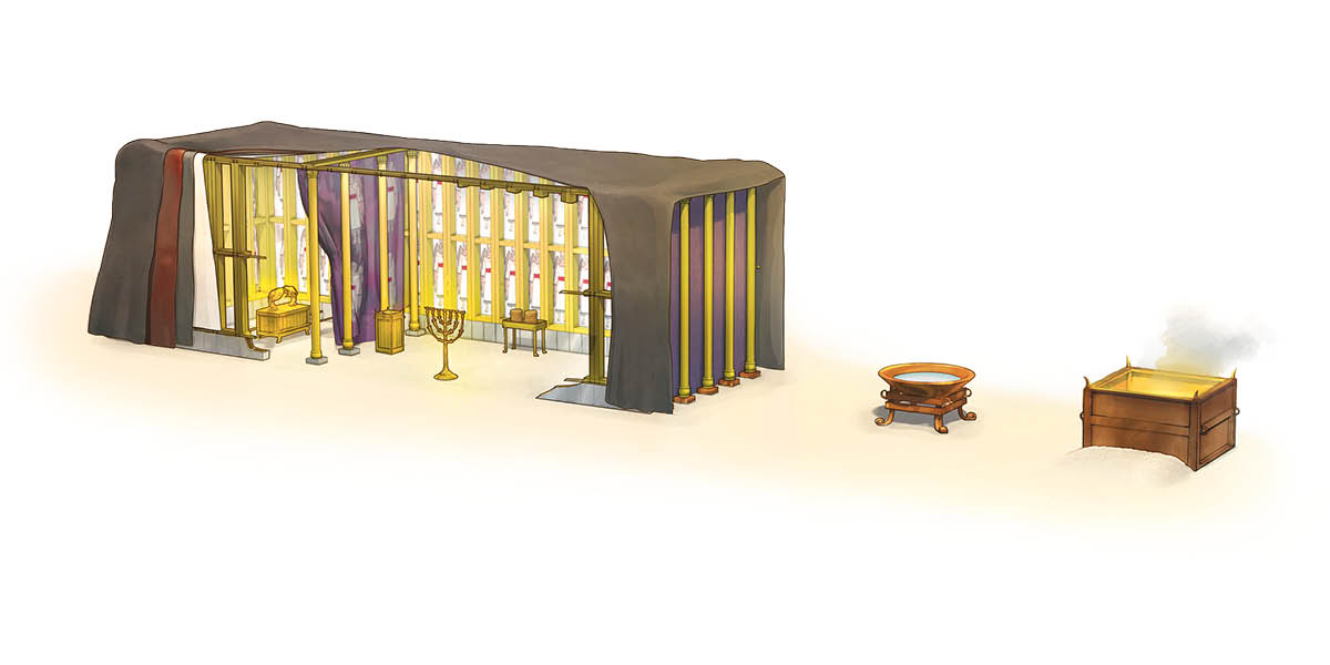O tabernáculo com parte da cobertura removida para mostrar o interior e a estrutura. Perto dele estão a bacia de cobre e o altar da oferta queimada.