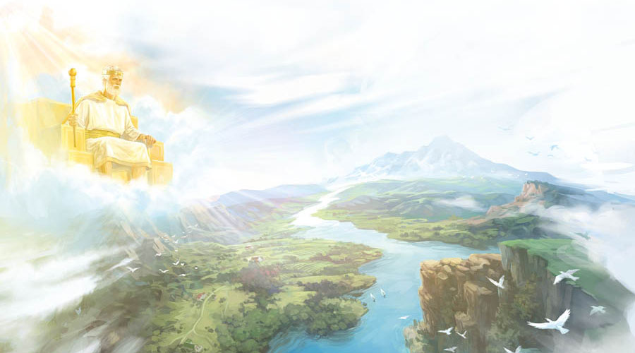 O Rei Jesus sentado em seu trono no céu, governando sobre a Terra, que foi transformada num paraíso.
