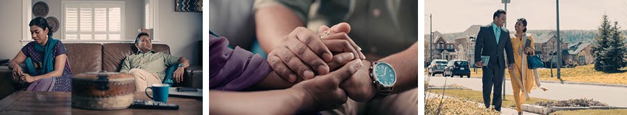 Montagem com cenas do vídeo ‘Como Fortalecer o Casamento’. Shaan e Kiara querem fortalecer o seu casamento. 1. Shaan e Kiara sentados cada um numa ponta do sofá. 2. Os dois segurando as mãos um do outro. 3. Os dois alegres trabalhando juntos no campo.