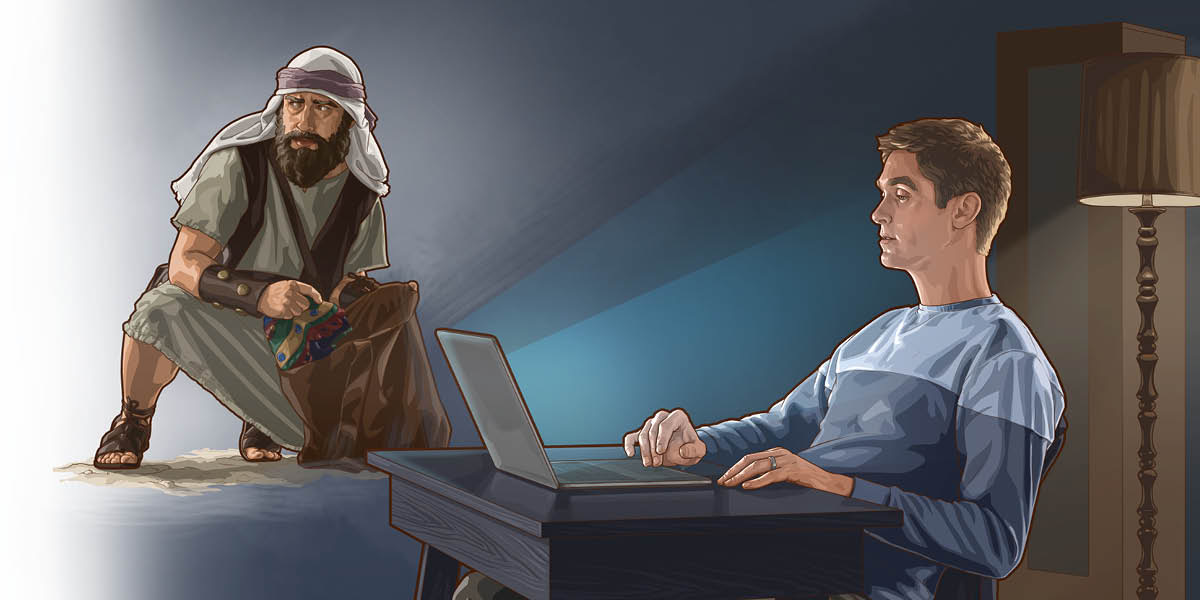 Conjunto de imagens: 1. Acã pega algumas coisas do despojo sem ninguém ver. 2. Um irmão, de madrugada, vê uma coisa imoral no seu computador.