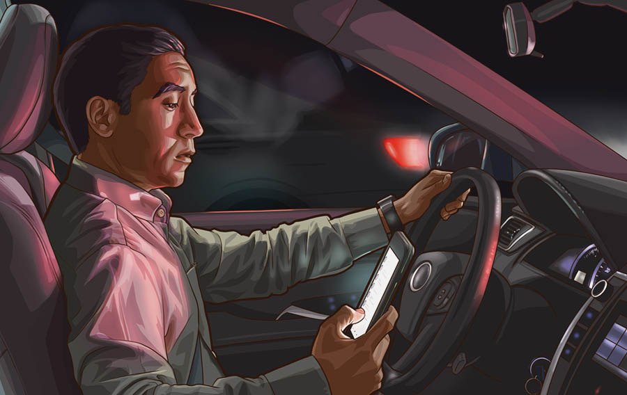 Conjunto de imagens: 1. Um irmão mandando mensagens de texto enquanto dirige. 2. O mesmo irmão agora está do lado de fora do carro mandando mensagens de texto.