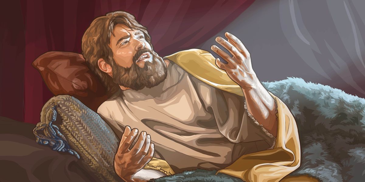 O rei Ezequias, doente e em sua cama, suplicando a Jeová.