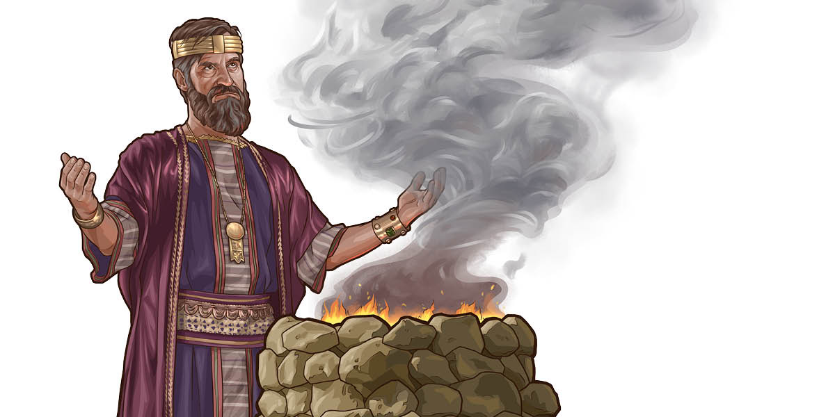 O rei Saul, de forma presunçosa, oferecendo um sacrifício num altar.