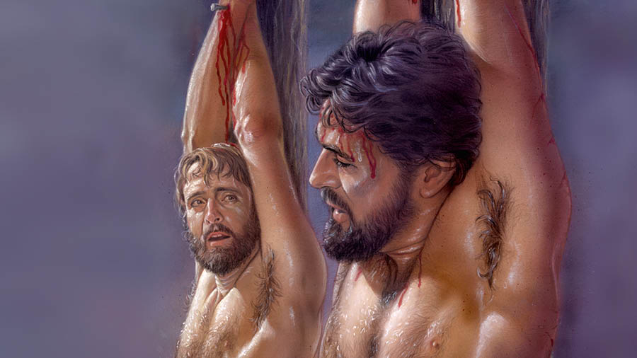 Jesus pendurado na estaca de tortura ao lado de um criminoso.