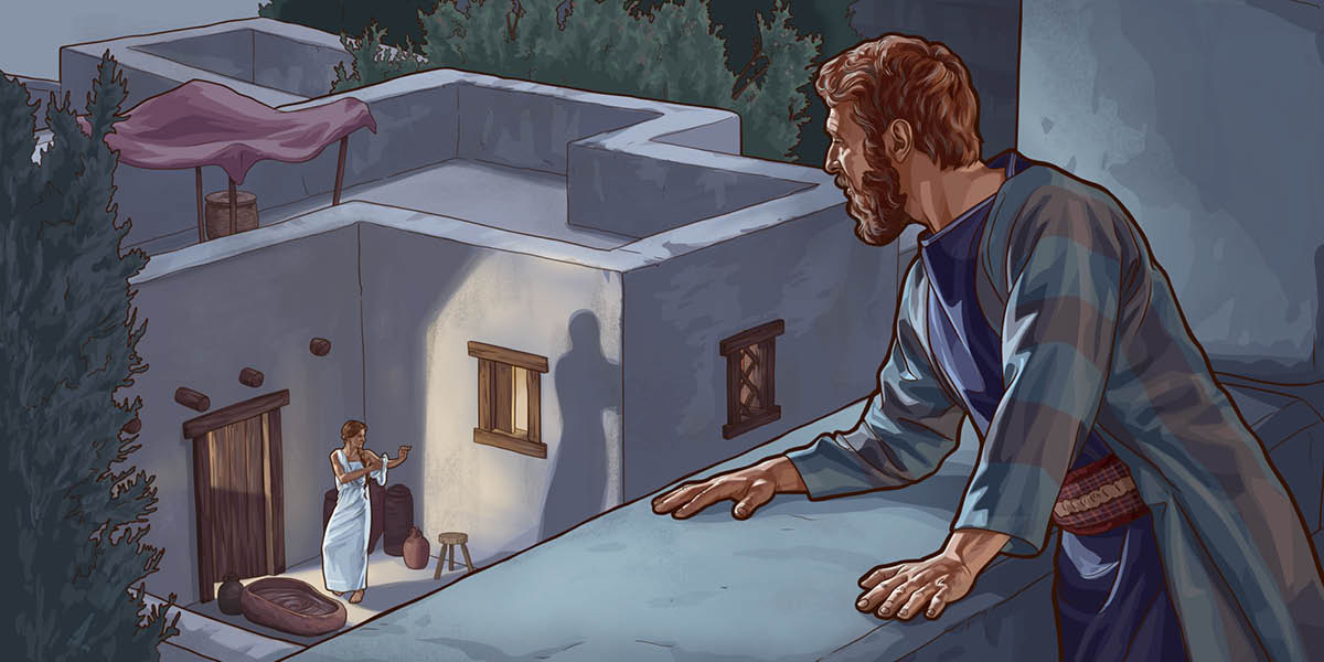 Davi em seu terraço observando Bate-Seba.