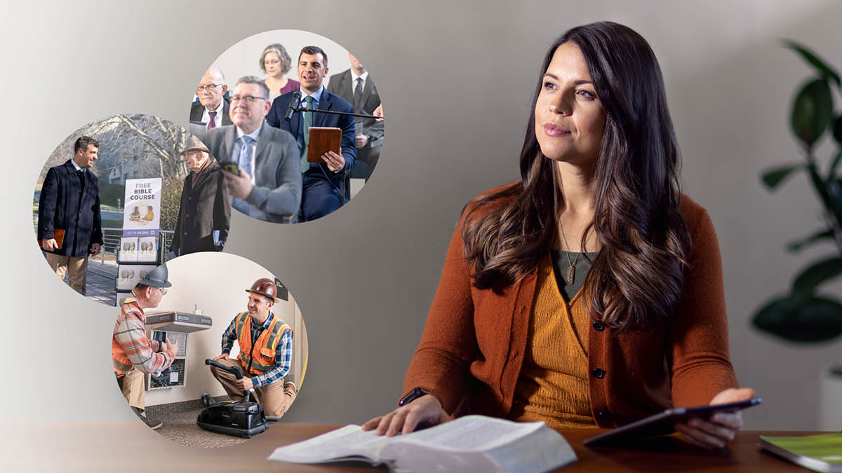 Conjunto de imagens: Uma irmã solteira está pensando em um irmão solteiro enquanto faz seu estudo pessoal. 1. O irmão comenta em uma reunião. 2. Ele prega com o carrinho. 3. Ele ajuda na manutenção do Salão do Reino.