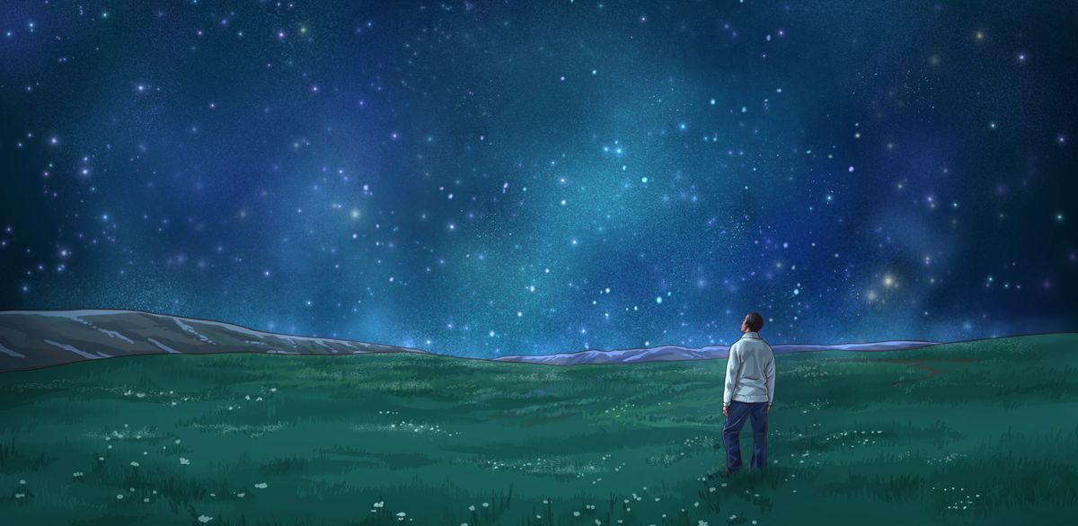 Um irmão observa o céu estrelado.