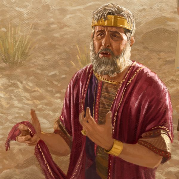 O rei Saul, no meio de seus soldados, olhando para cima e falando enquanto segura a ponta cortada de sua túnica sem mangas.