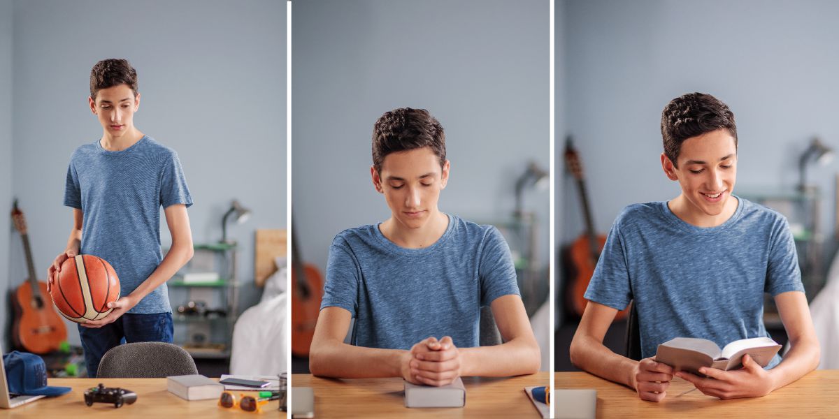 Um menino com uma bola de basquete na mão olha para a Bíblia em cima da mesa; em vez de ir jogar, o menino decide orar e ler a Bíblia