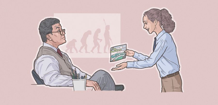 Uma irmã jovem explicando ao professor sua crença na criação