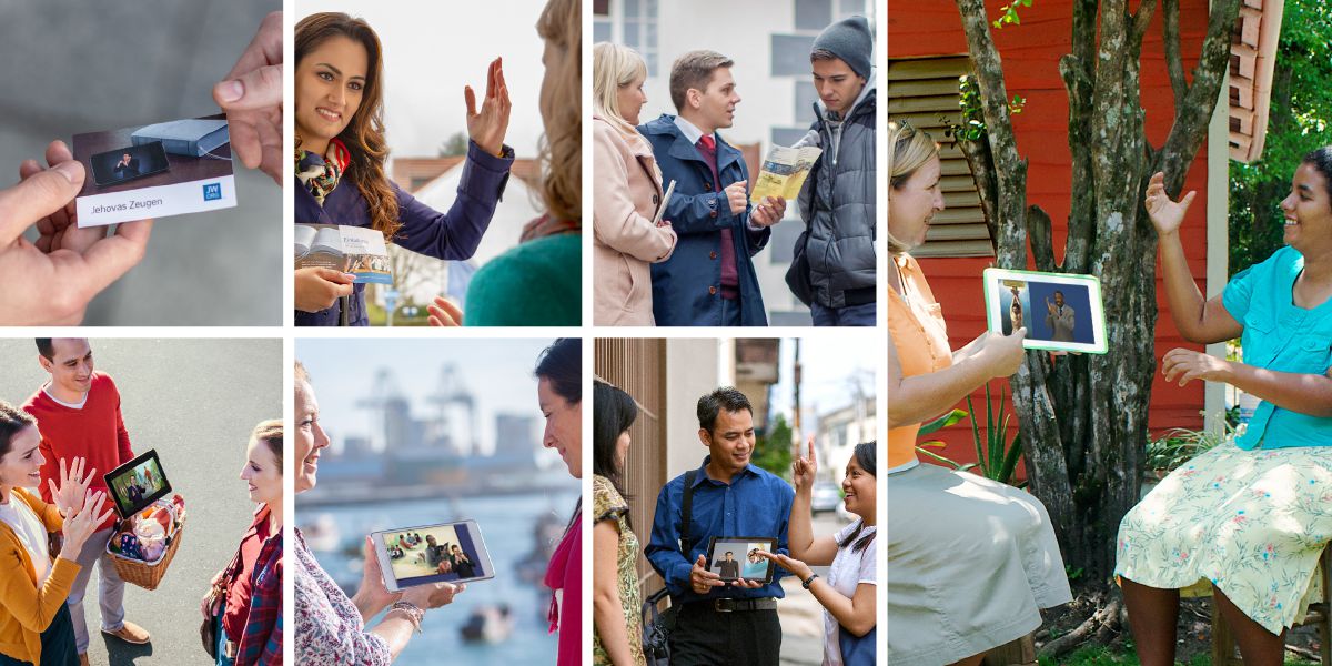 Testemunhas de Jeová usando as publicações do Kit de Ferramentas de Ensino na pregação