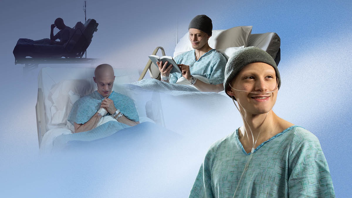 Colagem: Um irmão lida com sentimentos negativos ao ficar doente. 1. Ele está sentado no leito de um hospital com a cabeça apoiada nas mãos. 2. Ele está orando. 3. Ele está lendo a Bíblia. 4. Ele está sorrindo.