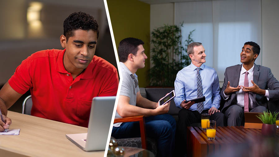 Conjunto de imagens: 1. Um irmão prepara a matéria para um estudo bíblico que vai acompanhar. 2. O mesmo irmão participa durante o estudo.