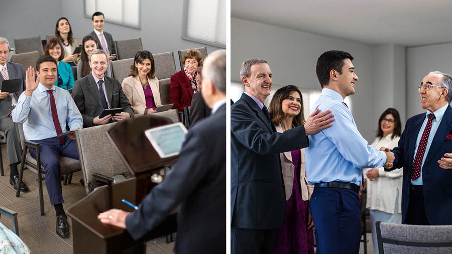 Conjunto de imagens: 1. O estudante comenta durante o estudo da ‘Sentinela’. 2. O dirigente do estudo da ‘Sentinela’ elogia o estudante depois da reunião.