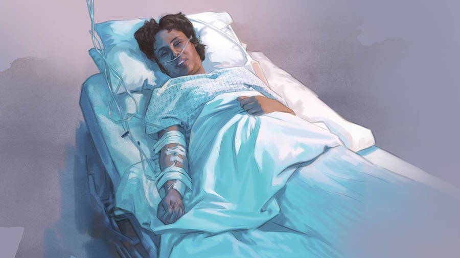 Uma mulher deitada numa cama de hospital recebendo medicamento na veia e respirando com a ajuda de oxigênio.