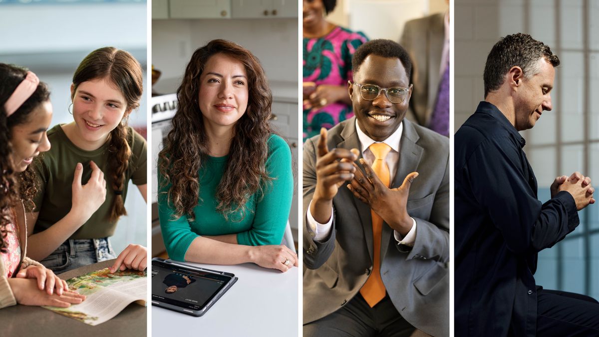 Conjunto de imagens: Os irmãos e irmãs das fotos anteriores. 1. A jovem dando testemunho para uma colega de classe. 2. A irmã casada meditando no que leu na Bíblia. 3. O irmão que rejeitou o suborno comentando na reunião. 4. O irmão preso orando em sua cela.