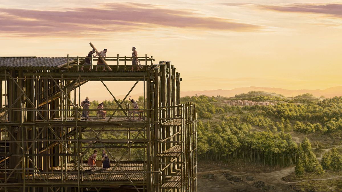 Noé e sua família trabalhando na construção da arca. No fundo aparecem várias casas de um povoado cercado pela floresta.