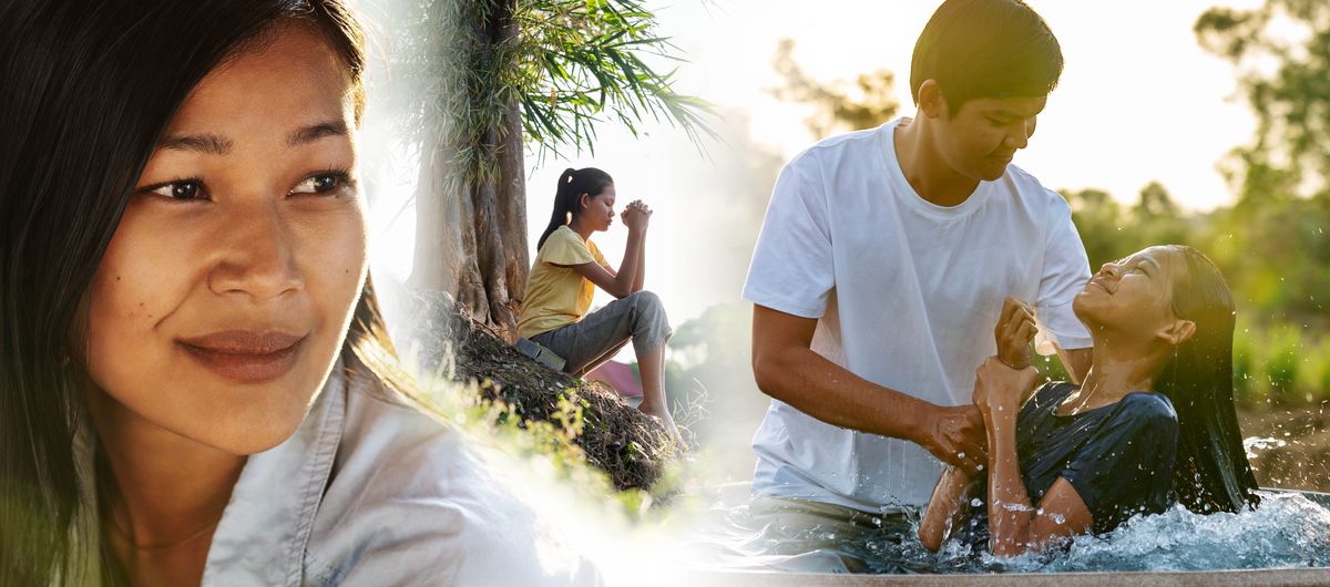 Conjunto de imagens: Uma irmã meditando em sua dedicação e batismo. 1. Ela ora ao ar livre. 2. Ela é batizada em um rio.