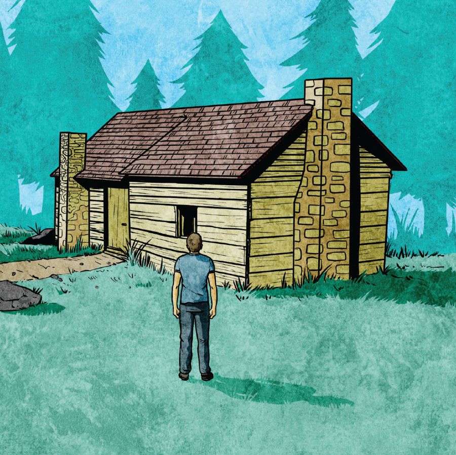 Um jovem olha para uma casa de madeira