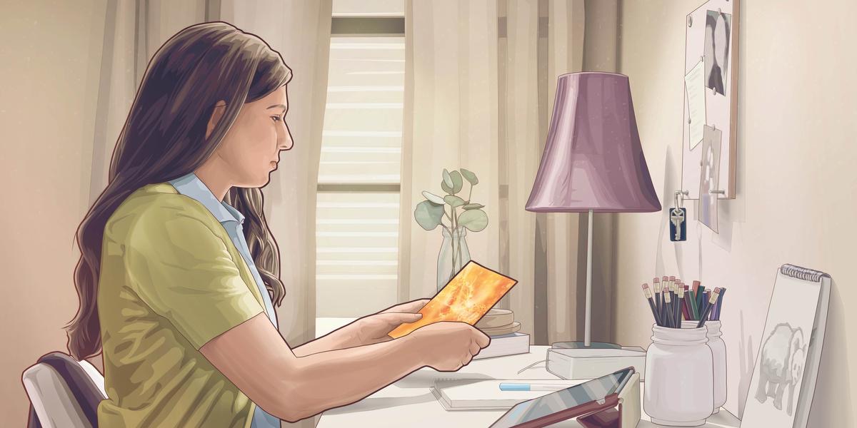 Illustration inspirée de la vidéo « Nous devons “courir avec endurance” : Alimentons-nous sainement. » Rebekah fait des recherches à l’aide de la brochure « Cinq questions à se poser sur l’origine de la vie ».