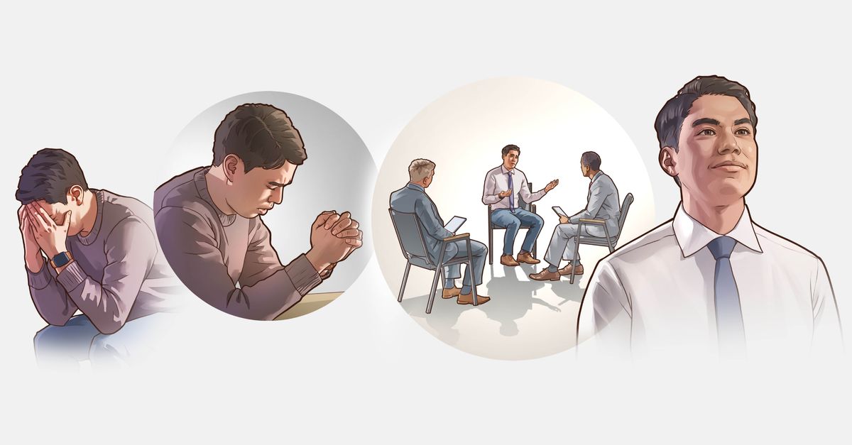 Ensemble d’illustrations : 1. Un jeune frère accablé moralement prend sa tête entre ses mains. 2. Il prie. 3. Il rencontre deux anciens. 4. Il sourit parce qu’il a une conscience nette.