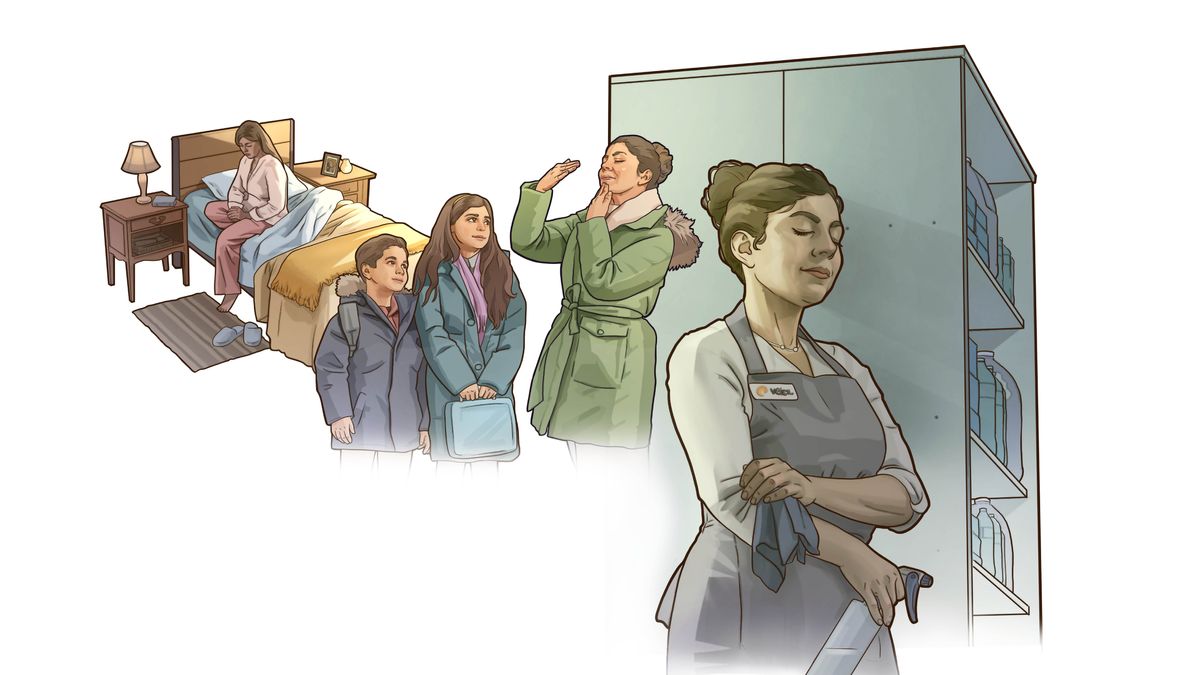 Ensemble d’illustrations : Une sœur prie au fil de sa journée. 1. Le matin, au réveil. 2. Avec ses enfants, avant qu’ils partent à l’école. 3. Sur son lieu de travail.