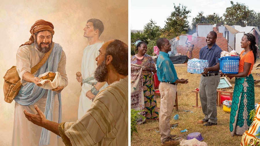 Illustrations : Des frères et sœurs sont prêts à aider les autres de façon pratique. 1. Marc apporte à manger à l’apôtre Paul. 2. Un couple de Témoins apporte de l’eau et de la nourriture à une famille.