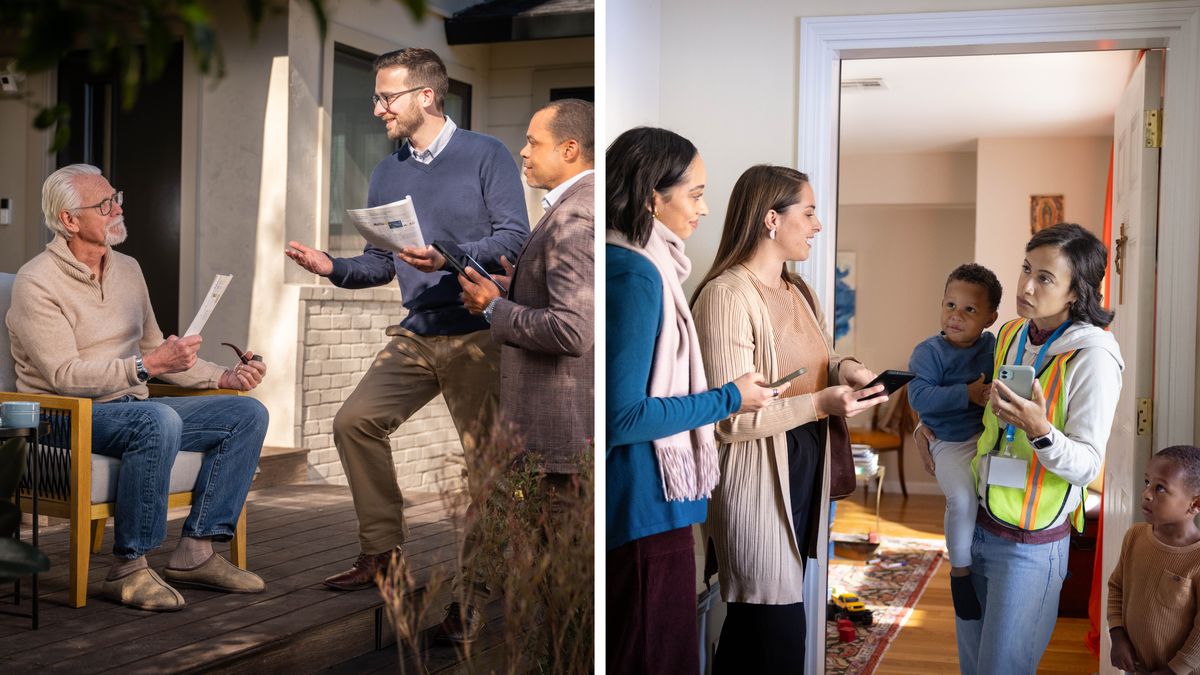 Ensemble d’illustrations : 1. Deux frères parlent avec un homme âgé assis sous le porche de sa maison. 2. Deux sœurs donnent une brochure « Vivez pour toujours ! » à une dame qui se tient sur le pas de la porte de son appartement. Cette dame porte le plus jeune de ses fils tandis que son autre fils est debout à côté d’elle.