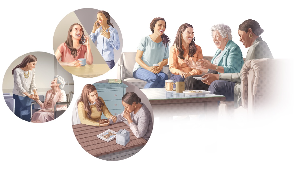 ပုံ။ အမျိုးသမီးငယ်က မိတ်ဆွေသုံးယောက်ဆီ လည်ပတ်နေ။ ၁။ မိတ်ဆွေတစ်ယောက်နဲ့ ဖုန်းပြောနေ။ ၂။ နိုင်ငံတော်ခန်းမမှာ သက်ကြီးပိုင်းမိတ်ဆွေနဲ့ စကားပြောနေ။ ၃။ ဝမ်းနည်းပူဆွေးနေတဲ့ မိတ်ဆွေဆီ သွားလည်နေ။