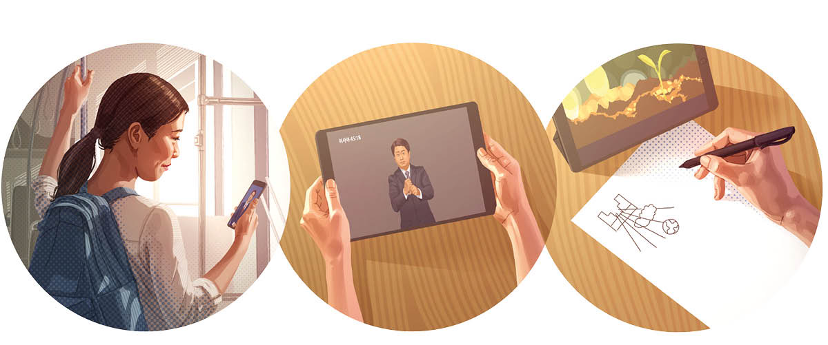 ပုံ။ အမျိုးသမီးတစ်ဦး ကျမ်းစာလေ့လာမှုအတွက် ပြင်ဆင်နေ။ က။ သင်ခန်းစာ ပထမစာမျက်နှာကို ဖတ်နေ။ ခ။ ညွှန်းထားတဲ့ ကျမ်းပိုဒ်တွေကို ဖွင့်ဖတ်နေ။ ဂ။ သင်ခန်းစာမှာပါတဲ့ အဓိကစကားလုံး၊ စကားစုတွေကို မှတ်သားနေ။