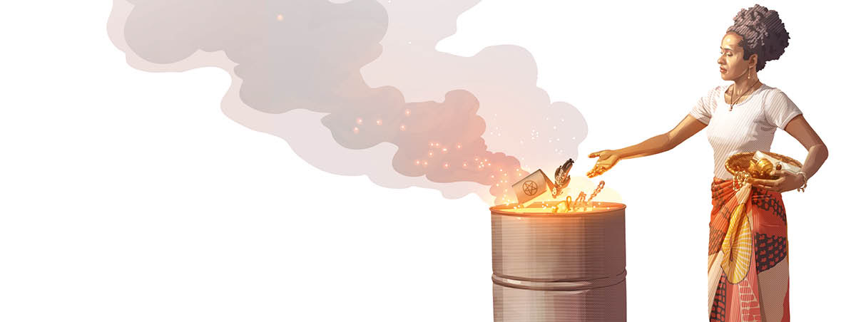 အမျိုးသမီးတစ်ဦး နတ်ဆိုးနဲ့ဆိုင်တဲ့ ပစ္စည်းတွေကို မီးရှို့ဖျက်ဆီးနေ။