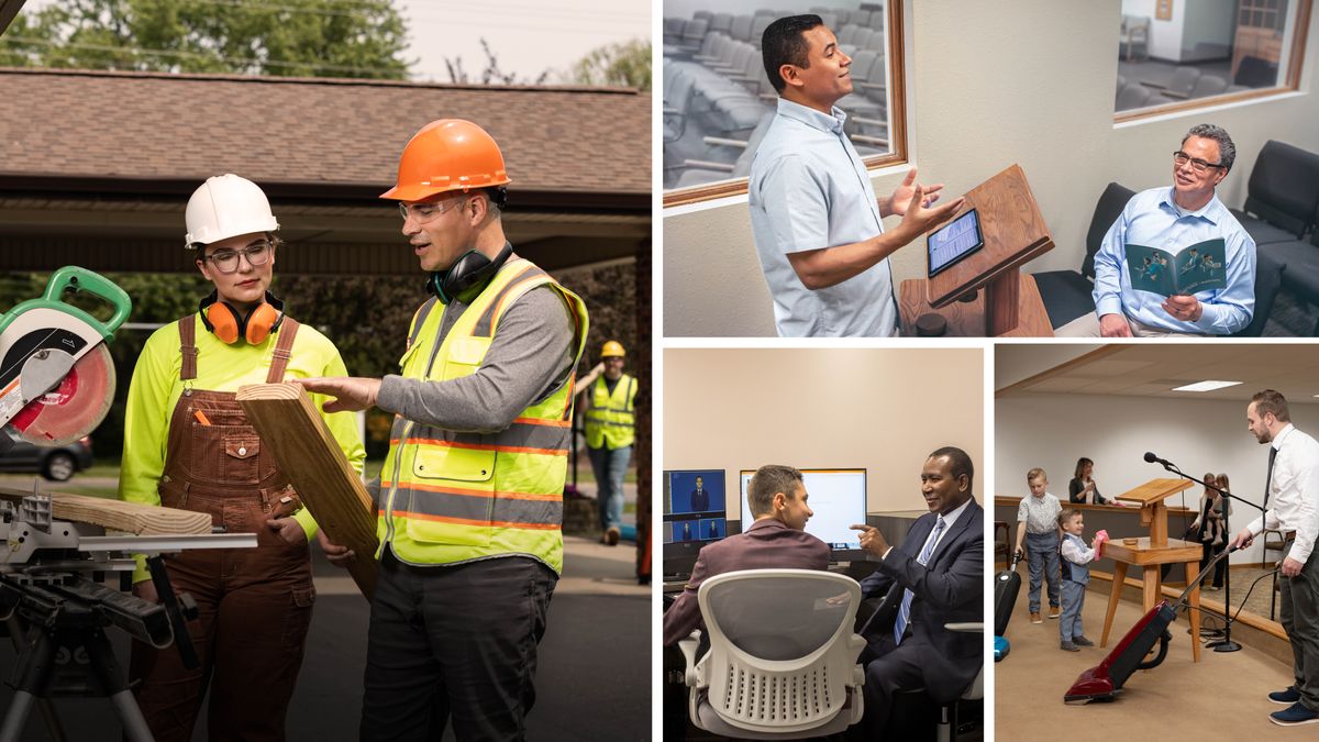 ရုပ်ပုံများ– အခြေအနေအမျိုးမျိုးမှာ တခြားသူတွေကို လေ့ကျင့်ပေးနေတဲ့ ညီအစ်ကိုများ။ ၁။ ဝတ်ပြုရေးနဲ့ဆိုင်တဲ့ ဆောက်လုပ်ရေးစီမံကိန်းတစ်ခုမှာ ညီအစ်ကိုတစ်ယောက်က ညီအစ်မတစ်ယောက်ကို လျှပ်စစ်လွှ အသုံးပြုပုံ လေ့ကျင့်ပေးနေစဉ်။ ၂။ လူမရှိတဲ့ အစည်းအဝေးခန်းမမှာ ဟောပြောချက်လေ့ကျင့်နေတဲ့ လူငယ်ညီအစ်ကိုကို အသက်ကြီးတဲ့ ညီအစ်ကို ကြည့်ရှုပေးနေစဉ်။ အသက်ကြီးတဲ့ညီအစ်ကို လက်ထဲမှာ “ဖတ်ရှုခြင်းနဲ့ သွန်သင်ခြင်းမှာ ကြိုးစားပါ” စာစောင် ကိုင်ထား။ ၃။ ညီအစ်ကိုတစ်ယောက်က ဆယ်ကျော်သက်ညီအစ်ကိုလေးကို မိုက်ကရိုဖုန်းထဲက ဓာတ်ခဲလဲပုံကို ပြပေးနေစဉ်။ ၄။ သားငယ် နှစ်ယောက်နဲ့အတူ ဖခင်ဖြစ်သူ အစည်းအဝေးခန်းမကို သန့်ရှင်းရေး လုပ်နေကြစဉ်။ သားကြီးနဲ့ ဖခင်က စင်မြင့်ကို ဖုန်စုပ်စက်နဲ့ ဖုန်စပ်နေပြီး သားငယ်က ဟောပြောစင်ကို အဝတ်နဲ့ ဖုန်သုတ်နေ။