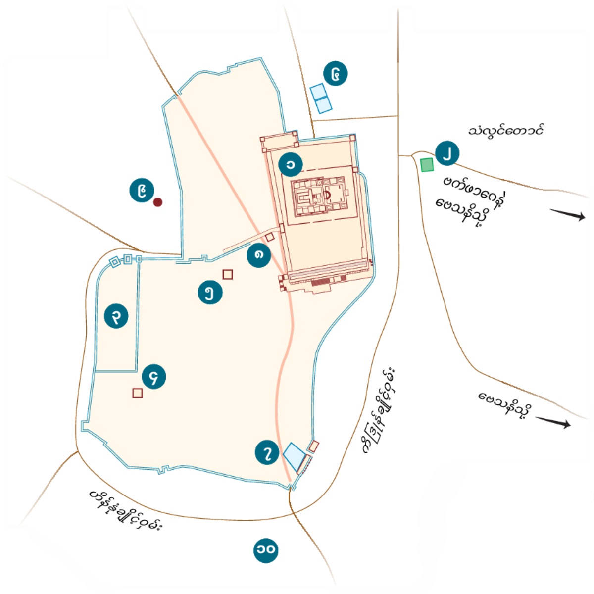 ဂျေရုဆလင်မြို့နဲ့ အနီးတစ်ဝိုက် ဒေသ မြေပုံ။ အတိအကျ သိတဲ့ နေရာတွေနဲ့ ဖြစ်နိုင်တဲ့ နေရာတွေကို ဖော်ပြထားတယ်။ ၁။ ဗိမာန်တော်။ ၂။ ဂေသရှေမန် ဥယျာဉ်။ ၃။ ဘုရင်ခံ နန်းတော်။ ၄။ ကယာဖရဲ့ စံအိမ်။ ၅။ ဟေရုဒ် အန္တိပရဲ့ စံနန်းတော်။ ၆။ ဗေသေသဒ ရေကန်။ ၇။ ရှိလောင် ရေကန်။ ၈။ ဂျူးတရားရုံးချုပ် ခန်းမ။ ၉။ ဂေါလဂေါသ။ ၁၀။ အကေလဒမ။