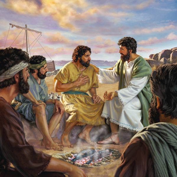 ငါးကင်ထားတုန်း ပေတရုနဲ့ ယေရှု စကားပြောနေ။ တခြားတမန်တော်တွေ စိတ်ဝင်တစား နားထောင်နေ။