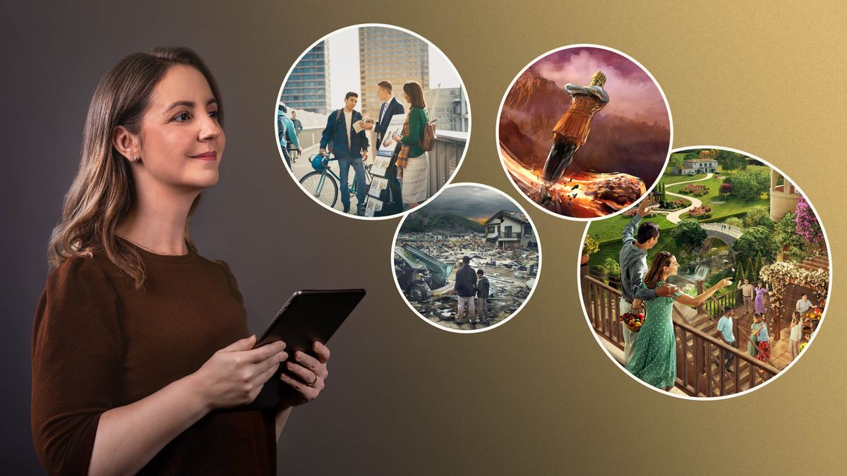 ကျမ်းစာကြိုဟောချက်တွေကို ညီအစ်မတစ်ယောက် ဖတ်ရှုဆင်ခြင်နေ။ ရုပ်ပုံ– ၁။ စာပေ လက်တွန်းလှည်းနားမှာ မောင်နှံတစ်စုံ ရပ်နေပြီး အမျိုးသားတစ်ယောက်ကို စကားပြောနေ။ ၂။ သဘာဝဘေးကြောင့် ပျက်စီးသွားတာတွေကို သားအဖနှစ်ယောက် ကြည့်နေ။ ၃။ ဒံယေလ အခန်းကြီး ၂ မှာ ပါတဲ့ နေဗုခဒ်နေဇာ အိပ်မက်ထဲက ရုပ်တုကြီးရဲ့ ခြေဖမိုးနဲ့ ခြေဖဝါးကို ကျောက်တစ်လုံးက တိုက်ချပစ်။ ၄။ မြေကြီး ပရဒိသုမှာ လူတွေ ပျော်ရွှင်နေကြ။