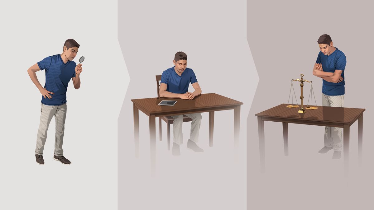 ရုပ်ပုံ– ဆုံးဖြတ်ချက်ကောင်း ချနိုင်ဖို့ ညီအစ်ကိုငယ် လုပ်တဲ့ အဆင့်တွေ။ ၁။ မှန်ဘီလူးနဲ့ ကြည့်နေ။ ၂။ ဆုတောင်းနေ။ စားပွဲပေါ်မှာ ကျမ်းစာနဲ့ တက်ဘလက် ရှိနေ။ ၃။ ချိန်ခွင်ကို စူးစိုက်ကြည့်နေ။