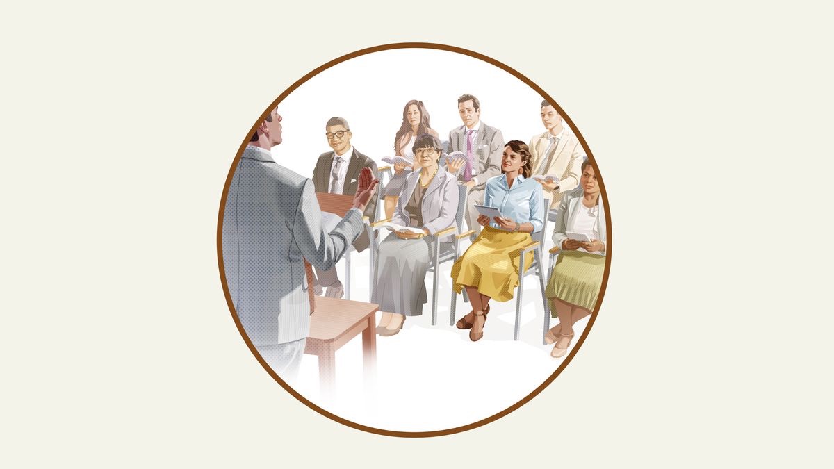 Abale ndi alongo mumpingo akumvetsera mwatcheru pomwe m’bale akukamba nkhani.