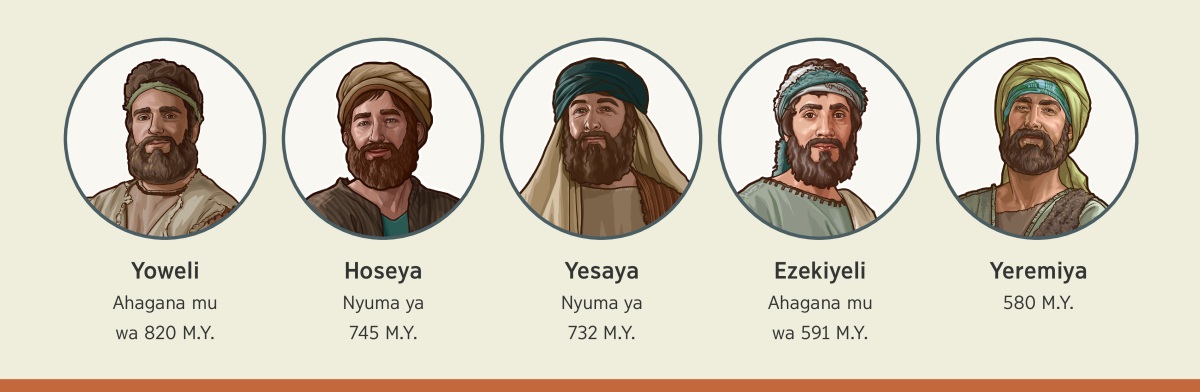 Amafoto: Abahanuzi Yehova yohereje kugira ngo bakosore abagaragu be. 1. Yoweli: ahagana mu wa 820 M.Y. 2. Hoseya: nyuma ya 745 M.Y. 3. Yesaya: nyuma ya 732 M.Y. 4. Ezekiyeli: ahagana mu wa 591 M.Y. 5. Yeremiya: 580 M.Y.