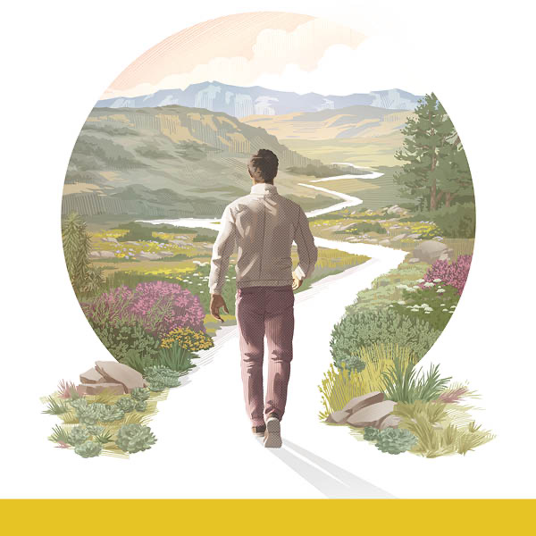 Vivez pour toujours ! (cours biblique interactif, premières leçons). Un homme s’engage sur un chemin sinueux bordé de fleurs sauvages, d’arbres, de collines et de montagnes.