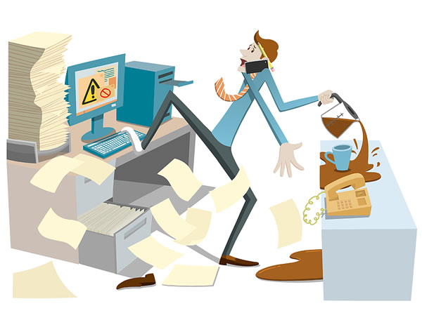 Kresba zamestnanca, ktorý robí viac vecí súčasne