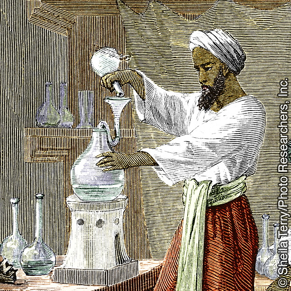 Rhazes, islamský perzský učenec, lekár a alchymista s pomocníkom